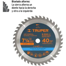 Discos Sierra para Madera 7-1/4" Centro 5/8", 40 Dientes de carburo de tungsteno, ST-740 18301 Truper Truper-Discos Sierra para 