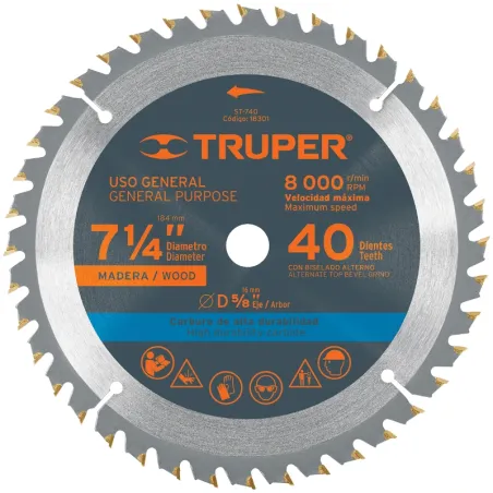 Discos Sierra para Madera 7-1/4" Centro 5/8", 40 Dientes de carburo de tungsteno, ST-740 18301 Truper Truper-Discos Sierra para 