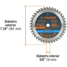 Discos Sierra para Madera 7-1/4" Centro 5/8", 40 Dientes de carburo de tungsteno, ST-740 18301 Truper Truper-Discos Sierra para 