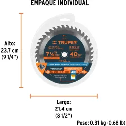 Discos Sierra para Madera 7-1/4" Centro 5/8", 40 Dientes de carburo de tungsteno, ST-740 18301 Truper Truper-Discos Sierra para 