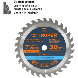 Discos Sierra para Madera 7-1/4" Centro 5/8", 30 Dientes de carburo de tungsteno, ST-730 18318 Truper Truper-Discos Sierra para 