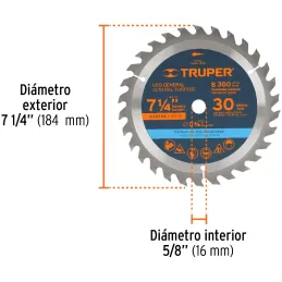 Discos Sierra para Madera 7-1/4" Centro 5/8", 30 Dientes de carburo de tungsteno, ST-730 18318 Truper Truper-Discos Sierra para 