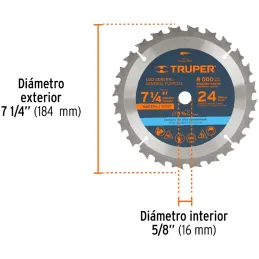 Discos Sierra para Madera 7-1/4" Centro 5/8", 24 Dientes de carburo de tungsteno, ST-724 18300 Truper Truper-Discos Sierra para 