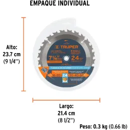 Discos Sierra para Madera 7-1/4" Centro 5/8", 24 Dientes de carburo de tungsteno, ST-724 18300 Truper Truper-Discos Sierra para 