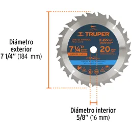 Discos Sierra para Madera 7-1/4" Centro 5/8", 20 Dientes de carburo de tungsteno, ST-720 18299 Truper Truper-Discos Sierra para 