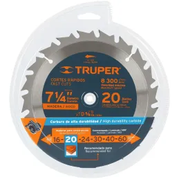 Discos Sierra para Madera 7-1/4" Centro 5/8", 20 Dientes de carburo de tungsteno, ST-720 18299 Truper Truper-Discos Sierra para 