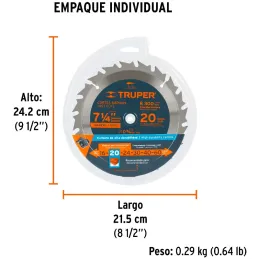 Discos Sierra para Madera 7-1/4" Centro 5/8", 20 Dientes de carburo de tungsteno, ST-720 18299 Truper Truper-Discos Sierra para 