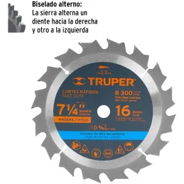 Discos Sierra para Madera 7-1/4" Centro 5/8", 16 Dientes de carburo de tungsteno, ST-716 18298 Truper Truper-Discos Sierra para 