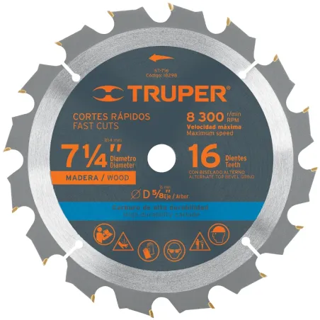 Discos Sierra para Madera 7-1/4" Centro 5/8", 16 Dientes de carburo de tungsteno, ST-716 18298 Truper Truper-Discos Sierra para 