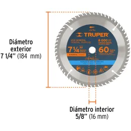 Discos Sierra para Madera 7-1/4" Centro 5/8", 16 Dientes de carburo de tungsteno, ST-716 18298 Truper Truper-Discos Sierra para 