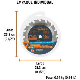 Discos Sierra para Madera 7-1/4" Centro 5/8", 16 Dientes de carburo de tungsteno, ST-716 18298 Truper Truper-Discos Sierra para 