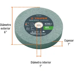 Piedra para Esmeril 152 x25.4x25.4mm Grano 60, Incluye Adaptador, Oxido de Silicio, PIES-6160T 16407 Truper Truper-Piedra para E