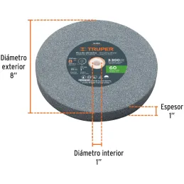 Piedra para Esmeril 203 x25.4x25.4mm Grano 60, Incluye Adaptador, Oxido de Aluminio, PIES-8160 16412 Truper Truper-Piedra para E