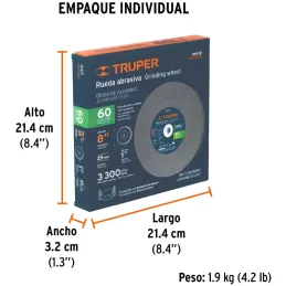 Piedra para Esmeril 203 x25.4x25.4mm Grano 60, Incluye Adaptador, Oxido de Aluminio, PIES-8160 16412 Truper Truper-Piedra para E
