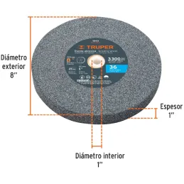 Piedra para Esmeril 203 x25.4x25.4mm Grano 36, Incluye Adaptador, Oxido de Aluminio, PIES-8136 16411 Truper Truper-Piedra para E