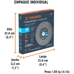 Piedra para Esmeril 203 x25.4x25.4mm Grano 36, Incluye Adaptador, Oxido de Aluminio, PIES-8136 16411 Truper Truper-Piedra para E
