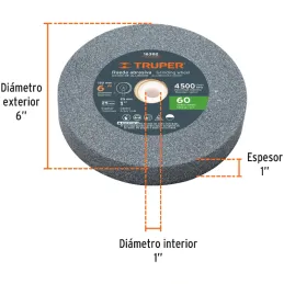Piedra para Esmeril 152 x25.4x25.4mm Grano 60, Incluye Adaptador, Oxido de Aluminio, PIES-6160 16382 Truper Truper-Piedra para E