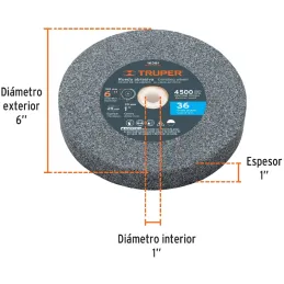 Piedra para Esmeril 152 x25.4x25.4mm Grano 36, Incluye Adaptador, Oxido de Aluminio, PIES-6136 16381 Truper Truper-Piedra para E