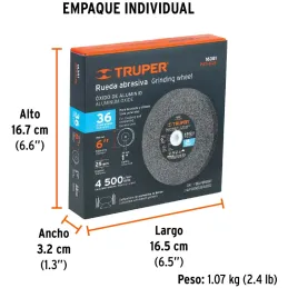 Piedra para Esmeril 152 x25.4x25.4mm Grano 36, Incluye Adaptador, Oxido de Aluminio, PIES-6136 16381 Truper Truper-Piedra para E