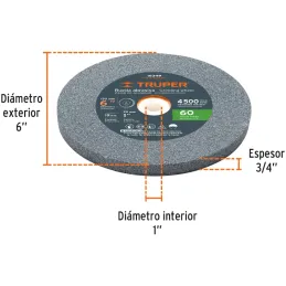Piedra para Esmeril 152 x19x25.4mm Grano 60, Incluye Adaptador, Oxido de Aluminio, PIES-63460 16349 Truper Truper-Piedra para Es