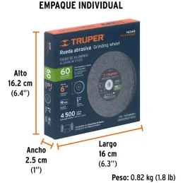 Piedra para Esmeril 152 x19x25.4mm Grano 60, Incluye Adaptador, Oxido de Aluminio, PIES-63460 16349 Truper Truper-Piedra para Es