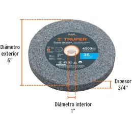 Piedra para Esmeril 152 x19x25.4mm Grano 36, Incluye Adaptador, Oxido de Aluminio, PIES-63436 16348 Truper Truper-Piedra para Es