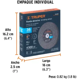 Piedra para Esmeril 152 x19x25.4mm Grano 36, Incluye Adaptador, Oxido de Aluminio, PIES-63436 16348 Truper Truper-Piedra para Es