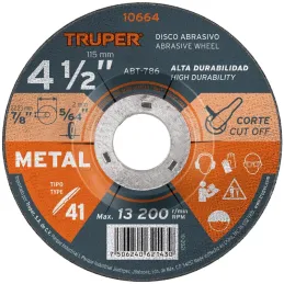 Discos Corte Metal 4-1/2" x2mm T41 Oxido de Alumino Truper 10664 Truper-Discos Corte Metal 4-1/2" x2mm T41 Oxido de Alumino Trup