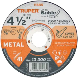 Discos Corte Metal 4-1/2" x1.6mm T41 Oxido de AL, DICOF-4516 11585 Truper Truper-Discos Corte Metal 4 1/2" x1.6mm T41 Oxido de A
