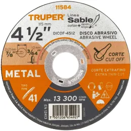 Discos Corte Metal 4-1/2" x1.2mm T41 Oxido de Aluminio, DICOF-4512 11584 Truper Truper-Discos Corte Metal 4 1/2" x1.2mm T41 Oxid