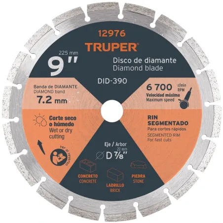 Discos Diamantados 9" Segmentado Cortes Rapido , 2.6mm, DDT-837D 12976 Truper Truper-Discos Diamantados 9" Segmentado Cortes Rap