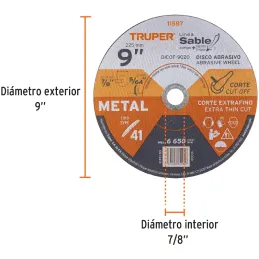 Discos Corte Metal 9" x2mm T41 Oxido de Alumino, DICOF-9020 11587 Truper Truper-Discos Corte Metal 9" x2mm T41 Oxido de Alumino,
