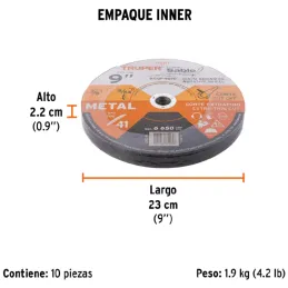 Discos Corte Metal 9" x2mm T41 Oxido de Alumino, DICOF-9020 11587 Truper Truper-Discos Corte Metal 9" x2mm T41 Oxido de Alumino,