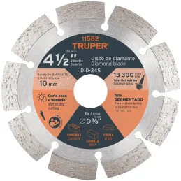 Discos Diamantados 4-1/2" Segmentado Cortes Rapido, 2.2mm, DDT-829D 11582 Truper Truper-Discos Diamantados 4 1/2" Segmentado Cor