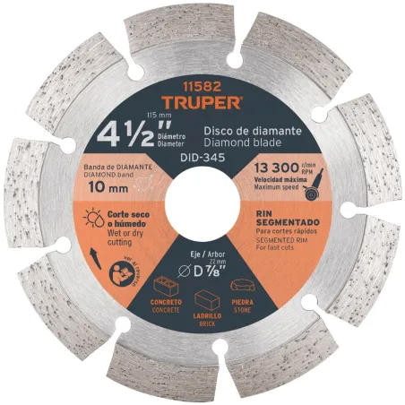Discos Diamantados 4-1/2" Segmentado Cortes Rapido, 2.2mm, DDT-829D 11582 Truper Truper-Discos Diamantados 4 1/2" Segmentado Cor