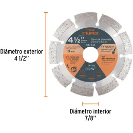 Discos Diamantados 4-1/2" Segmentado Cortes Rapido, 2.2mm, DDT-829D 11582 Truper Truper-Discos Diamantados 4 1/2" Segmentado Cor