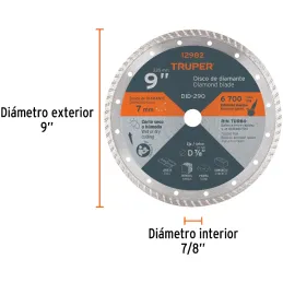 Discos Diamantados 9" Turbo Uso General, 2.8mm, DDT-1542T 12982 Truper Truper-Discos Diamantados 9" Turbo Uso General, 2.8mm, DD
