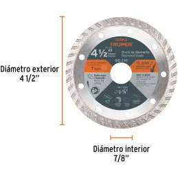 Discos Diamantados 4-1/2" Turbo Uso General, 2.2mm, DDT-1513T 12980 Truper Truper-Discos Diamantados 4 1/2" Turbo Uso General, 2