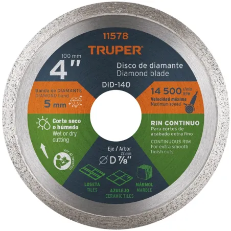 Discos Diamantados 4" continuos Fino 1.6mm, DDT-802C 11578 Truper Truper-Discos Diamantados 4" continuos Fino 1.6mm, DDT-802C 11