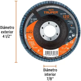 Discos Flap Discs Laminado 4-1/2" G120 Lija de Zirconia, DLT-1719 11675 Truper Truper-Discos Flap Discs Laminado 4-1/2" G120 Lij