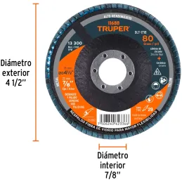 Discos Flap Discs Laminado 4-1/2" G80 Lija de Zirconia, DLT-1718 11688 Truper Truper-Discos Flap Discs Laminado 4-1/2" G80 Lija 