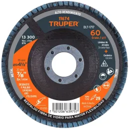 Discos Flap Discs Laminado 4-1/2" G60 Lija de Zirconia, DLT-1717 11674 Truper Truper-Discos Flap Discs Laminado 4-1/2" G60 Lija 