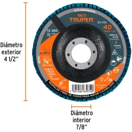 Discos Flap Discs Laminado 4-1/2" G40 Lija de Zirconia, DLT-1716 11673 Truper Truper-Discos Flap Discs Laminado 4-1/2" G40 Lija 