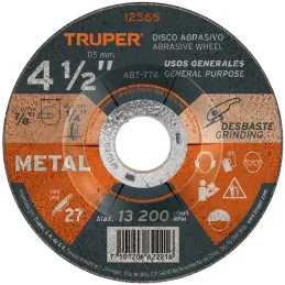 Discos Desbaste 4-1/2" x6.4mm Metal Tipo 27, Centro 7/8", Oxido de Aluminio, ABT-774 12565 Truper Truper-Discos Desbaste 4-1/2" 