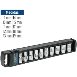 Juego de dados 10 Piezas cortos Milimetrico, Encastre 1/2", acero al cromo vanadio, JD-1/2X10M 14177 Truper Truper-Juego de dado