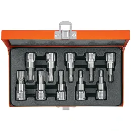 Juego de dados Punta Torx 10 Piezas, encastre 3/8", en acero al cromo vanadio con estuche metalico, JPT-3/8X10 13976 Truper Trup