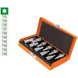 Juego de dados Punta Torx 10 Piezas, encastre 3/8", en acero al cromo vanadio con estuche metalico, JPT-3/8X10 13976 Truper Trup