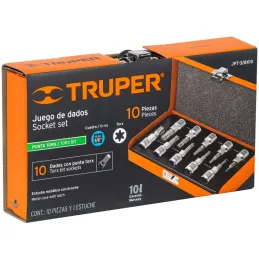 Juego de dados Punta Torx 10 Piezas, encastre 3/8", en acero al cromo vanadio con estuche metalico, JPT-3/8X10 13976 Truper Trup