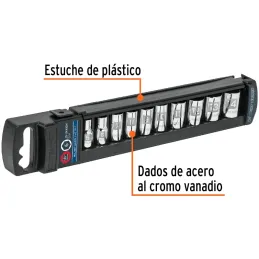 Juego de dados 10 Piezas cortos Milimetrico 5 mm a 14 mm, Encastre 1/4", acero al cromo vanadio, JD-1/4X10M 14166 Truper Truper-