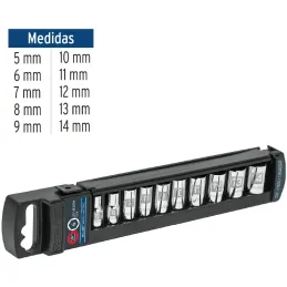 Juego de dados 10 Piezas cortos Milimetrico 5 mm a 14 mm, Encastre 1/4", acero al cromo vanadio, JD-1/4X10M 14166 Truper Truper-